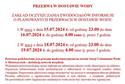 PLANOWANA PRZERWA W DOSTAWIE WODY